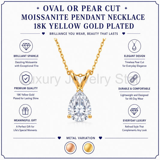 1/2 Carat Oval/Pear Shape Moissanite - Classic Pendant Necklace - 18K Gold Plating for - image 2