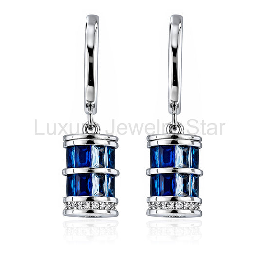 Elegant Blue Cylinder Drop Hoop Earrings – Modern Minimalist Dangle Jewelry