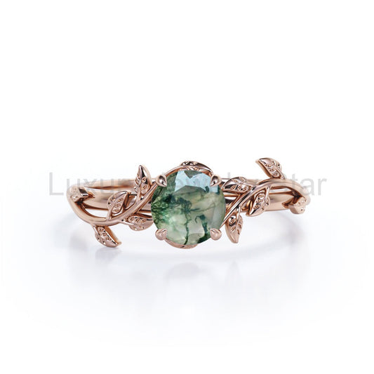 Nature Inspired 1 Ct Round Green Moss Agate Engagement Ring