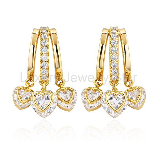 Romantic Heart Charm Dangle Hoop Earrings – Elegant Gold Fashion Jewelry