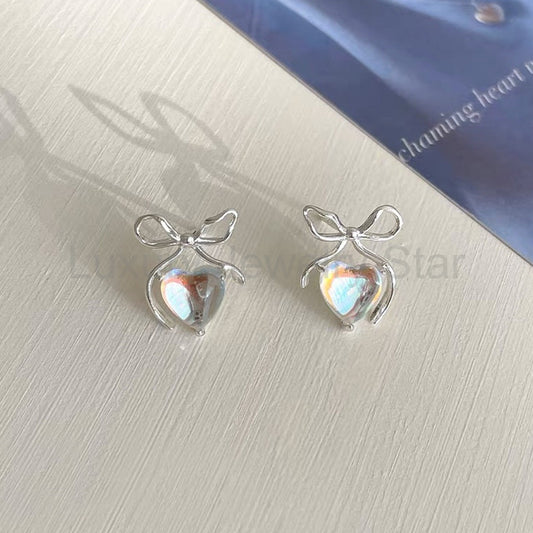 Iridescent Heart & Bow Stud Moonstone Earrings