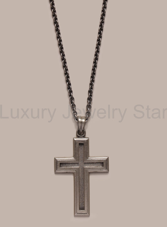 925 Oxidized Sterling Silver Outline Cross Necklace for Men