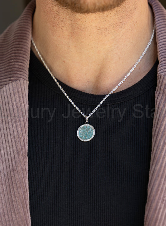 925 Sterling Silver Light Blue Enamel Saint Christopher Pendant Necklace
