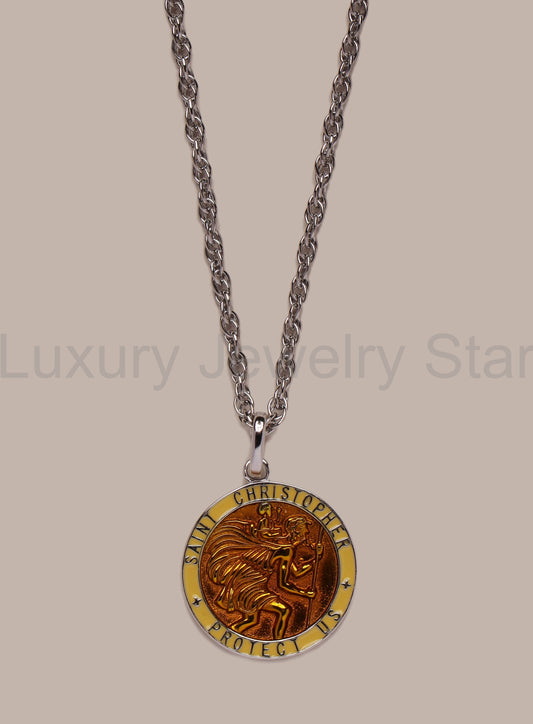 925 Sterling Silver Yellow/Saffron Enamel St Christopher Pendant Necklace - image 2