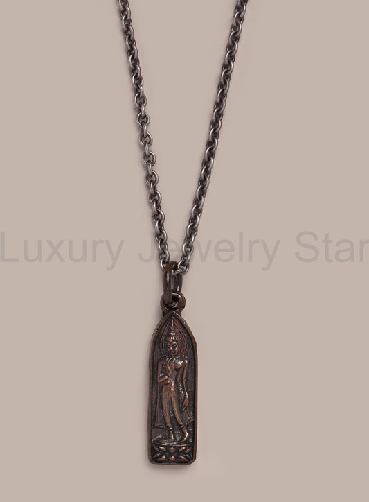 Bronze Walking Buddha Pendant Oxidized Sterling Rolo Chain Necklace