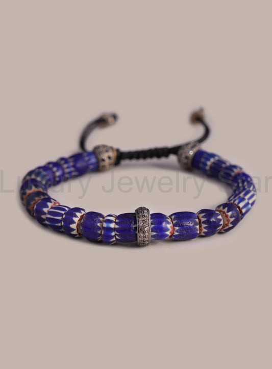 One-of-a-kind Diamond + African Blue Chevron Bead Bracelet