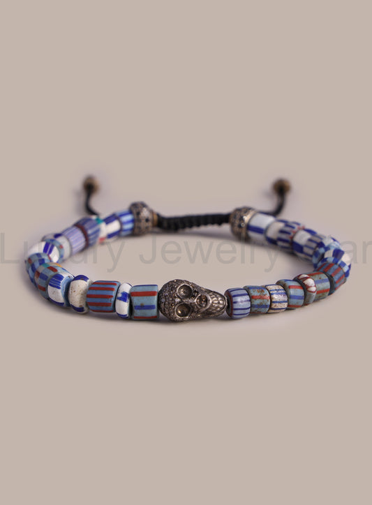 One-of-a-kind Skull Diamond + African Blue Chevron Bead Bracelet