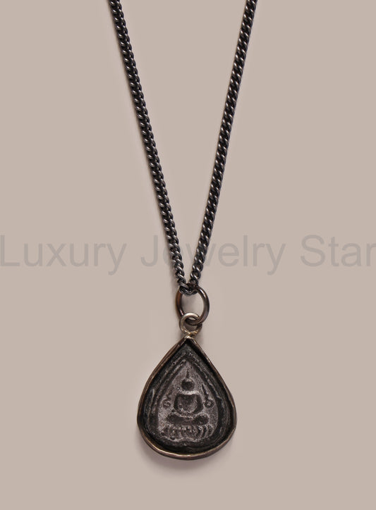 Oxidized Drop Sitting Buddha Pendant on 2mm Curb Chain