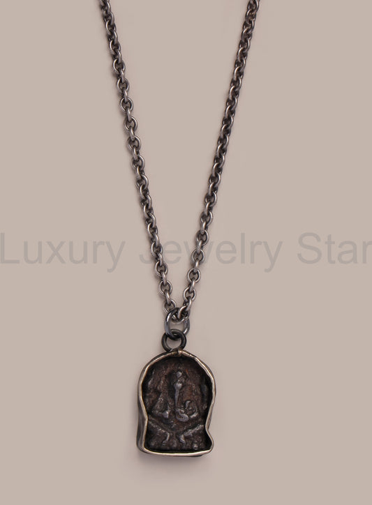 Oxidized Silver Buddha Pendant Rolo Chain Necklace for Men