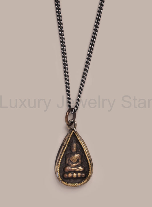 Oxidized Silver Drop Buddha Pendant Curb Chain Necklace for Men