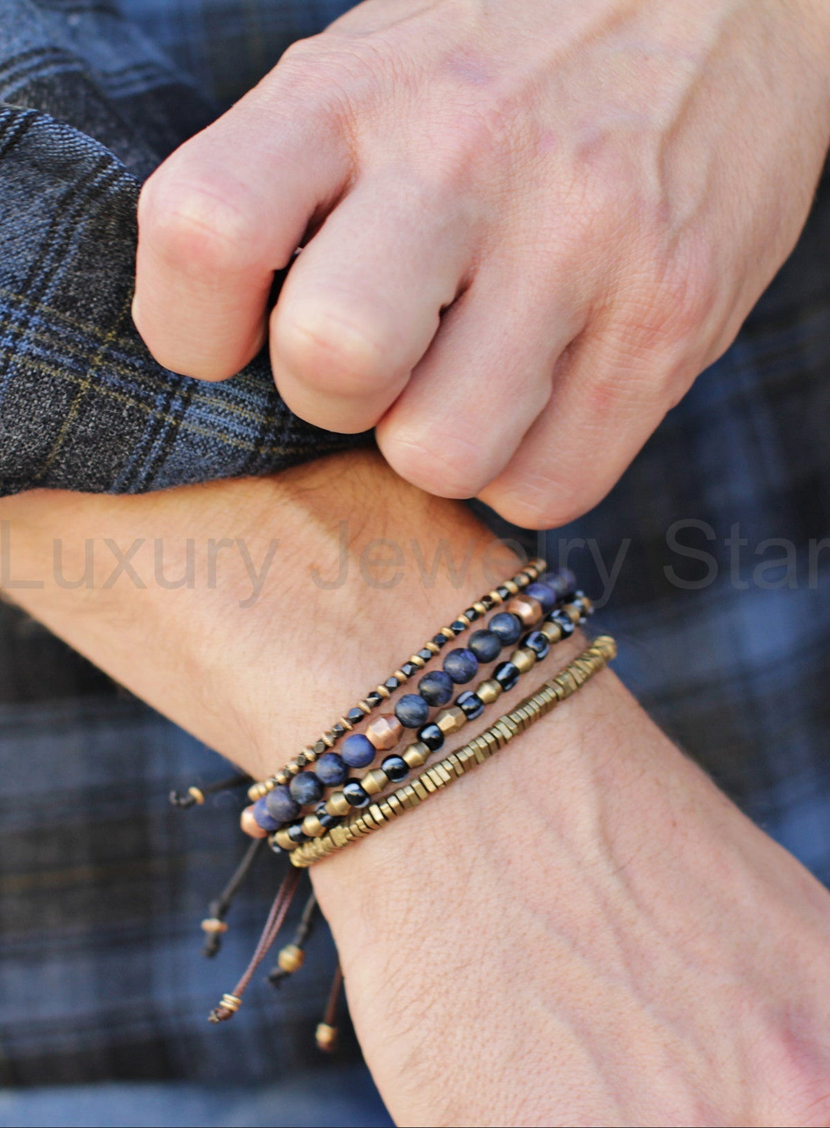 Raw Brass Triangles Beaded Men's Bracelet - image 2