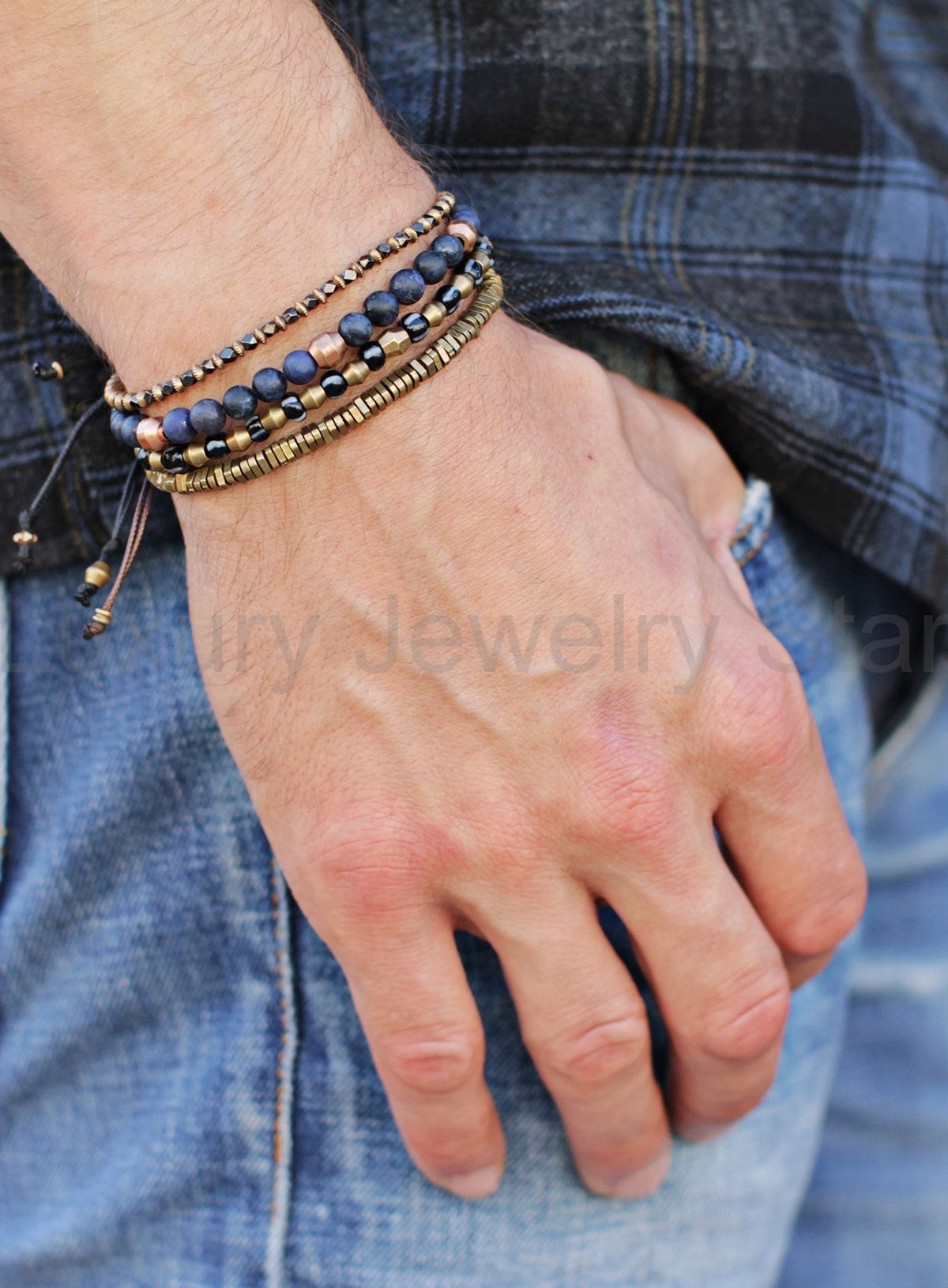 Raw Brass Triangles Beaded Men's Bracelet - image 5