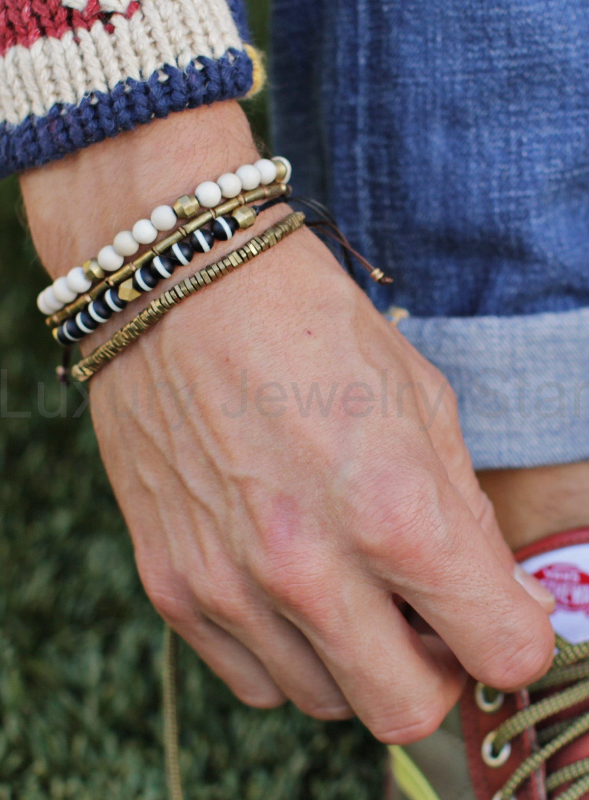 Raw Brass Triangles Beaded Men's Bracelet - image 6