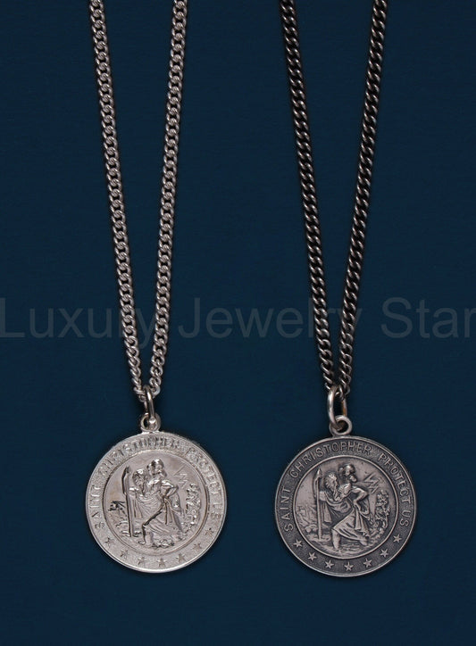 Small Round Saint Christopher Sterling Silver Medal Necklace for Men