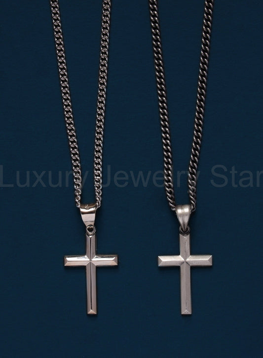 Small Sterling Silver Bevel Cross Pendant Necklace for Men