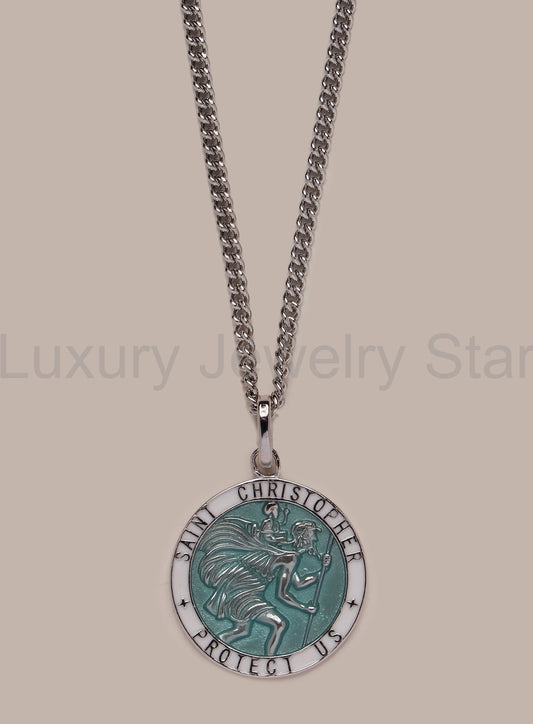 Sterling Silver Blue Enamel Saint Christopher Medal Necklace for Men
