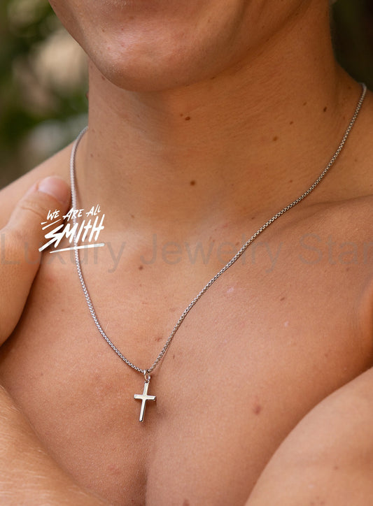 Sterling Silver Small Cross Pendant Necklace for Men (Box Chain)