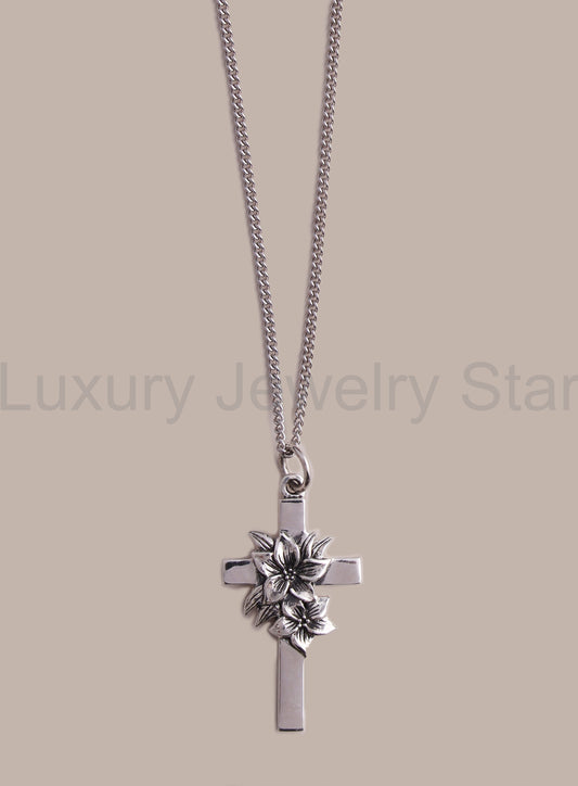 Sterling Silver Small Cross with Flowers Pendant Necklace for Men - image 2