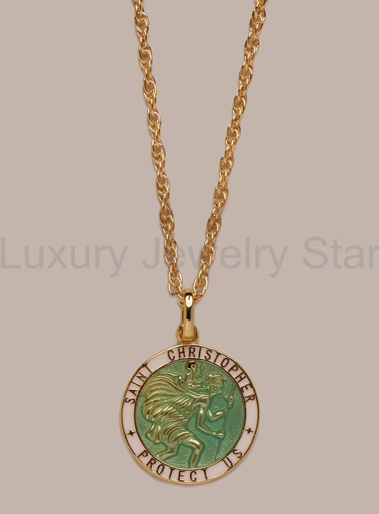 Vermeil Gold Light Blue Enamel Saint Christopher Medal Necklace for Men