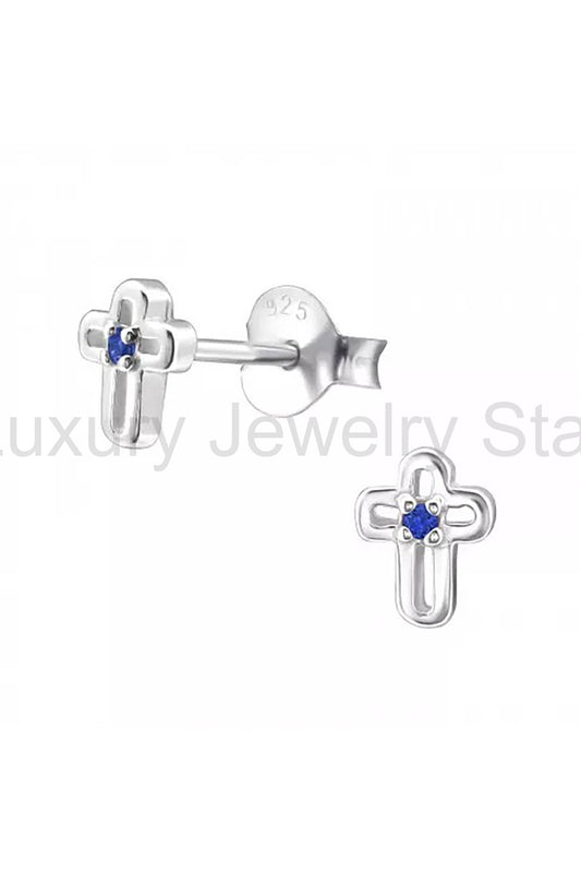 Sterling Silver Birthstone Cross Ear Studs With CZ - SS