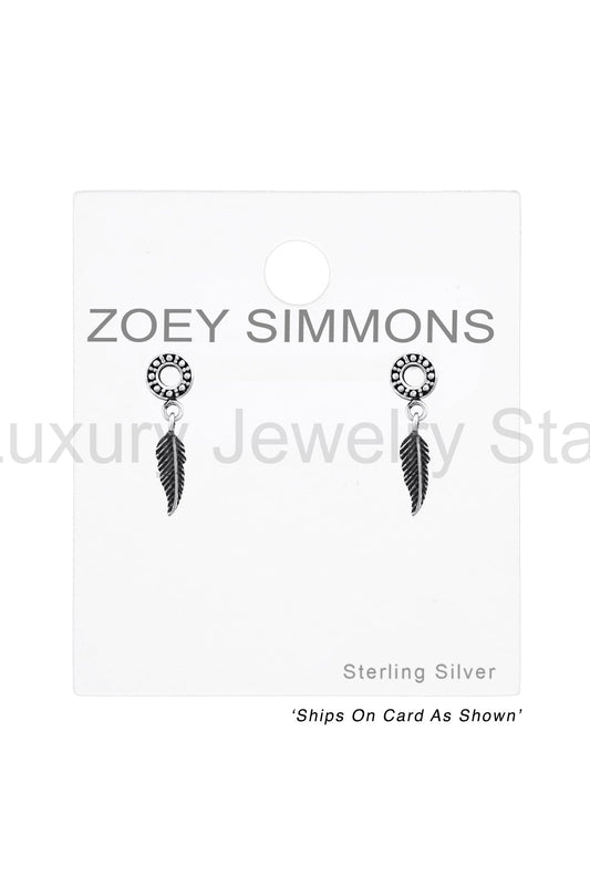Sterling Silver Circle Ear Studs With Hanging Feather - SS - image 2
