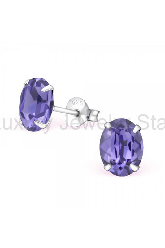 Sterling Silver Oval Ear Studs With Genuine Crystals - SS