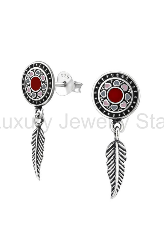 Sterling Silver Oxidized Ear Studs With Hanging Feather - SS