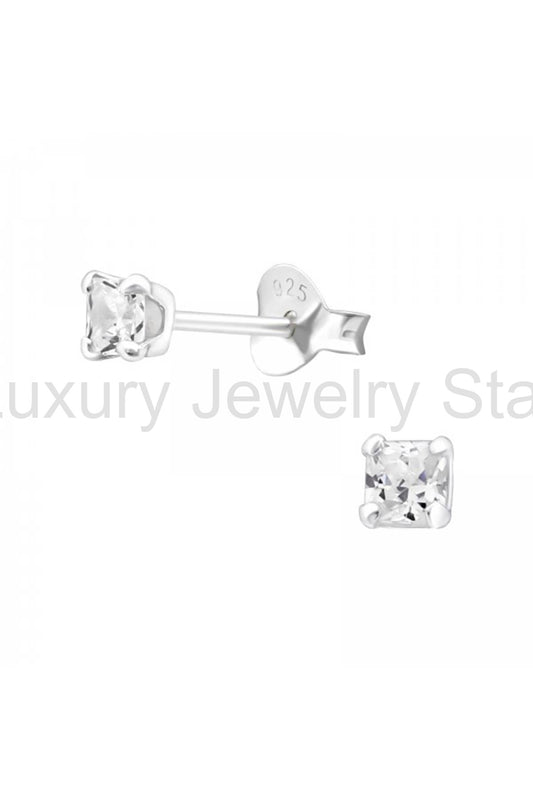 Sterling Silver Square 3mm Ear Studs With CZ - SS