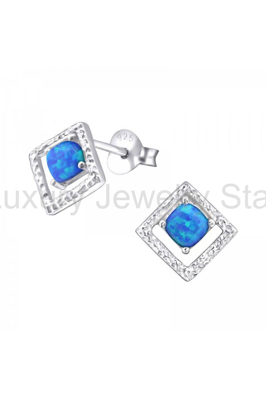 Sterling Silver Square Ear Studs With Opal - SS
