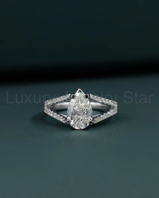 2.35 CTW Pear Cut Pavé Split Shank Lab-Grown Diamond Engagement Ring