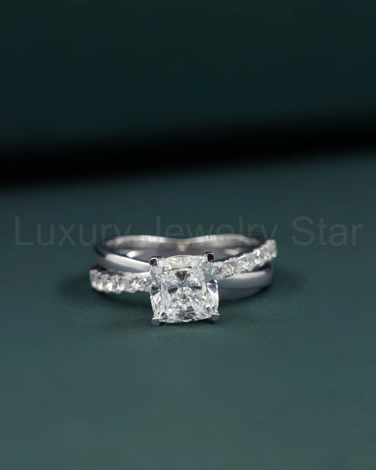 2.40 CTW Cushion Cut Lab-Grown Diamond Curved Pave Engagement Ring