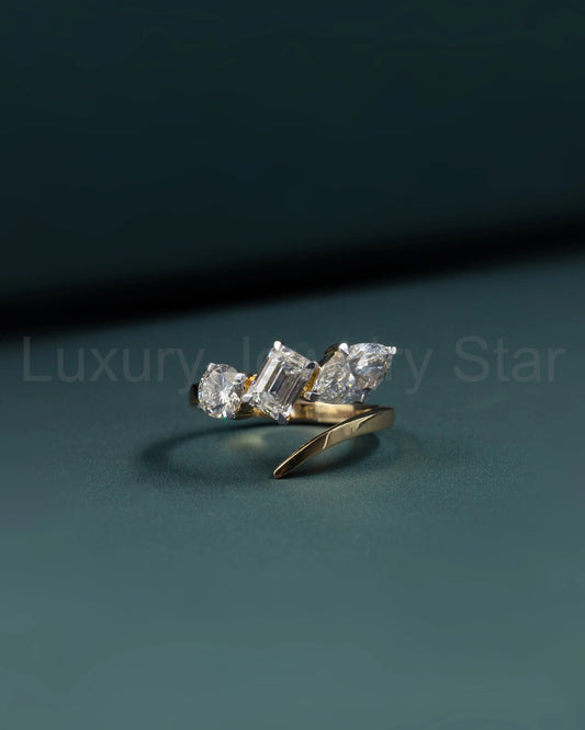 2.47 CTW Emerald & Pear Cut CVD Lab-Grown Diamond Three-Stone Bypass Ring