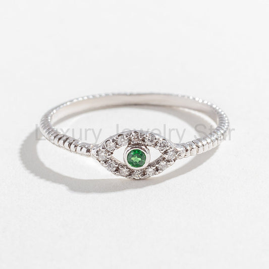 DIAMOND EVIL EYE RING | 14K GOLD & EMERALD