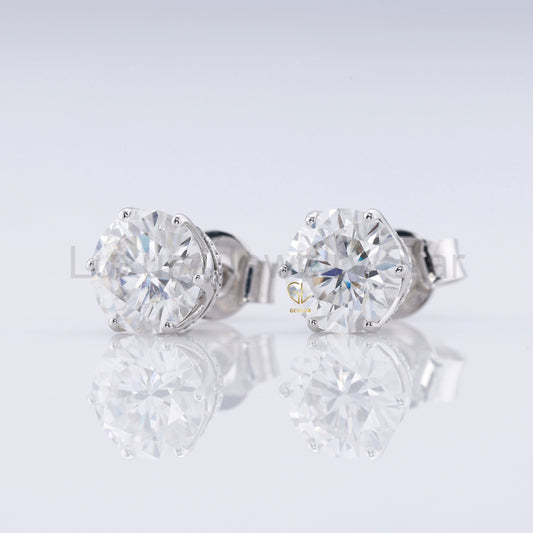 Round Cut Lab Grown Stud Earrings - Six Prong Set