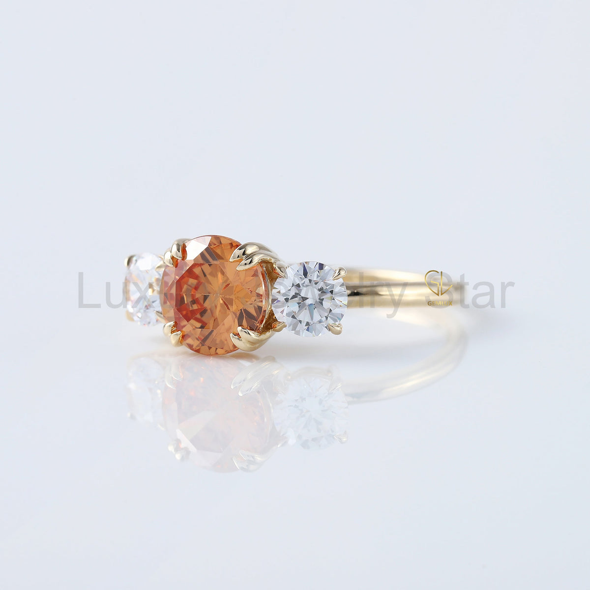 Round Cut Champagne Moissanite Three Stone Ring - image 3