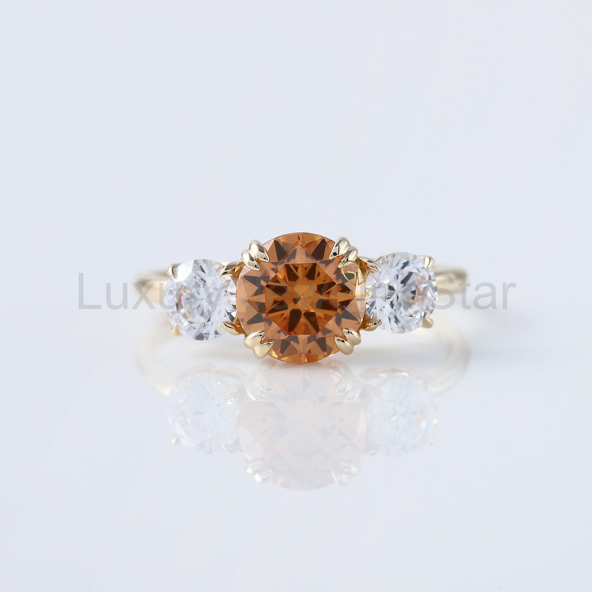 Round Cut Champagne Moissanite Three Stone Ring - image 4