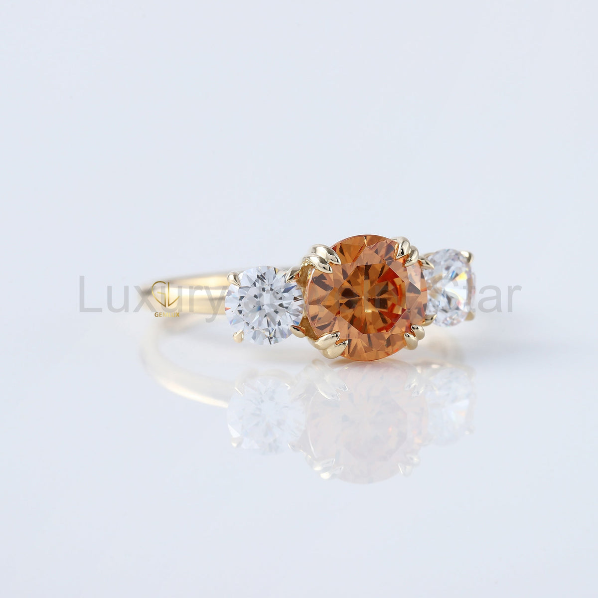 Round Cut Champagne Moissanite Three Stone Ring - image 5