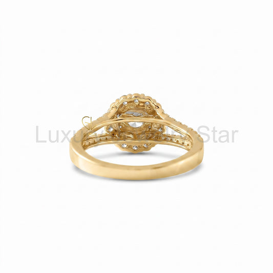 Round Cut Moissanite Split Shank Double Halo Engagement Ring