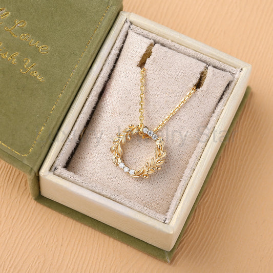 Olive Leaf Inspired Round Cut Moissanite Wreath Pendant Necklace