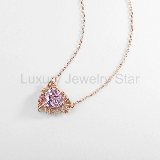 Nature Inspired Heart Cut Lab Pink Sapphire Vine Pendant Necklace - image 2