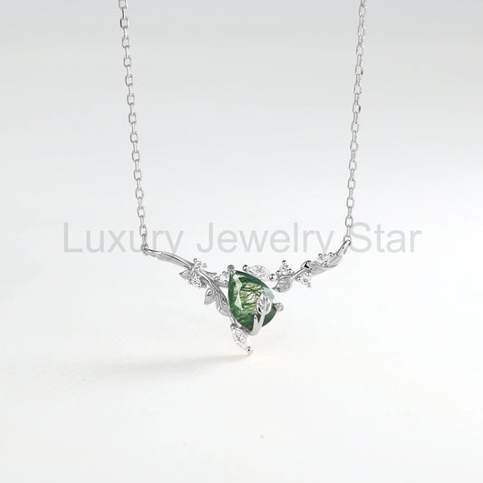 Elowen Pear Cut Moss Agate Nature Inspired Leaf & Branch Necklace