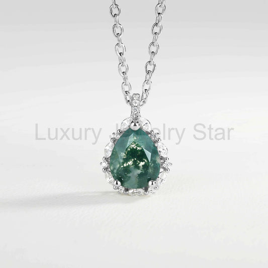 Timeless Pear Cut Moss Agate Sterling Silver Necklace - Ready to Ship