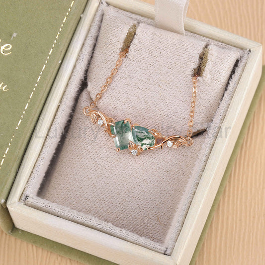 Nature-Inspired Emerald & Pear Cut Moss Agate Two-Stone Necklace - image 2