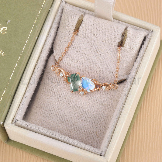 Nature-Inspired Emerald Cut Moss Agate & Pear Cut Moonstone Two-Stone Necklace