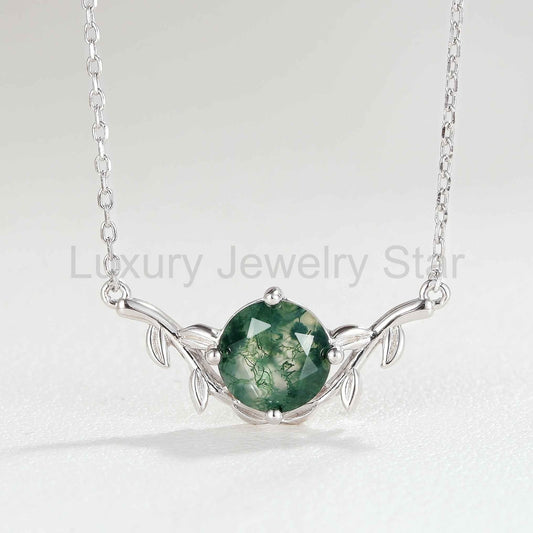Natural Inspired Round Cut Moss Agate Olive Leafy Silver Pendant