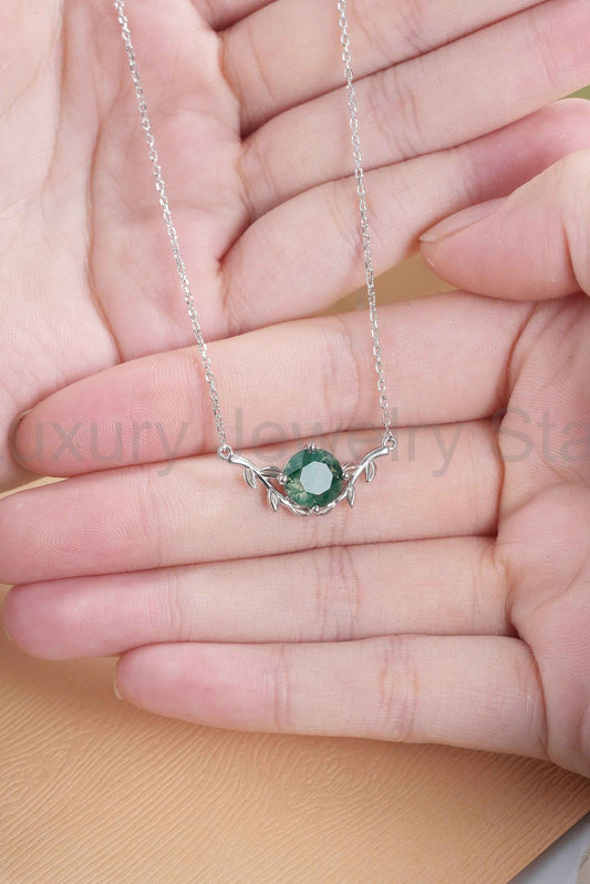 Natural Inspired Round Cut Moss Agate Olive Leafy Silver Pendant - image 2