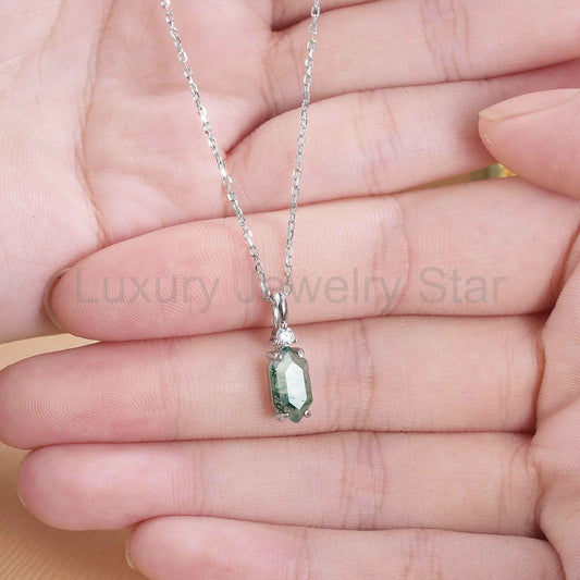 Unique Hexagon Cut Moss Agate Moissanite Silver Pendant - image 2