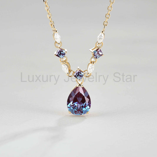 Cluster Pear Cut Alexandrite and Moissanite Necklace