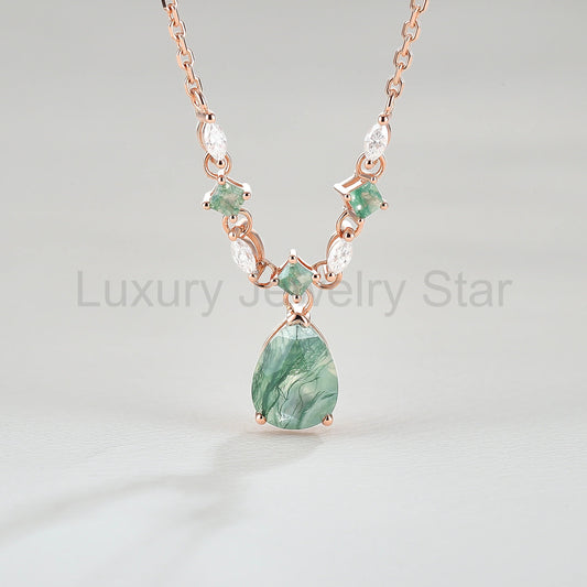 Cluster Pear Cut Moss Agate and Moissanite Necklace