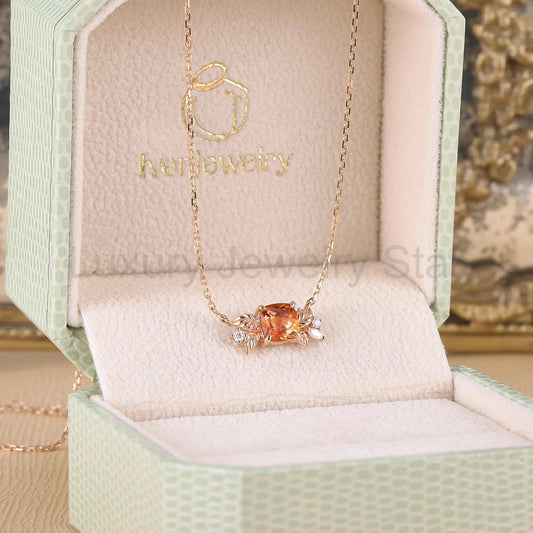 Nature Inspired Antique Cushion Cut Orange Sapphire Necklace Halloween Jewelry